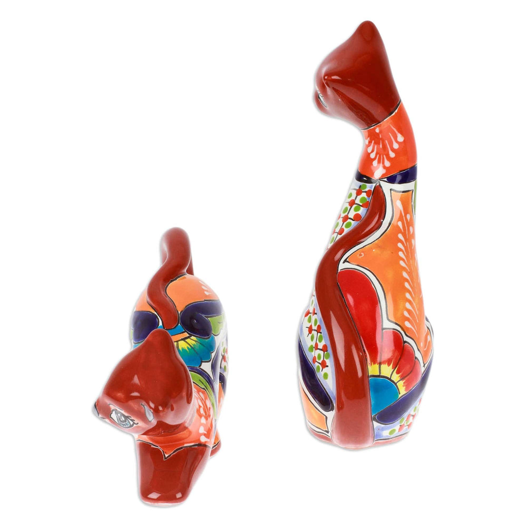 Set of 2 Handcrafted Hacienda-Themed Cat Ceramic Sculptures - Feline Play