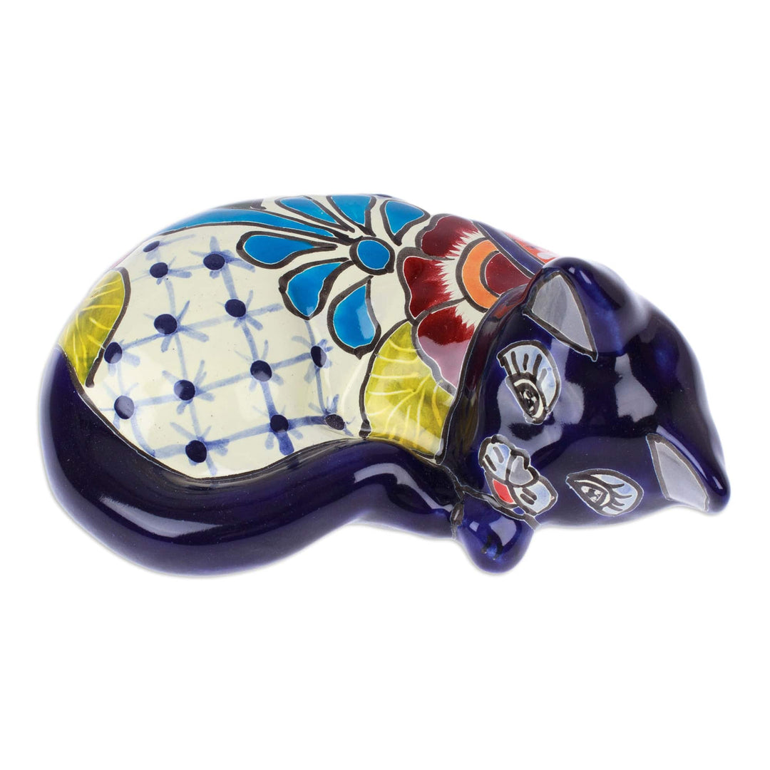 Hacienda-Themed Painted Blue Ceramic Cat Sculpture - Dormant Feline