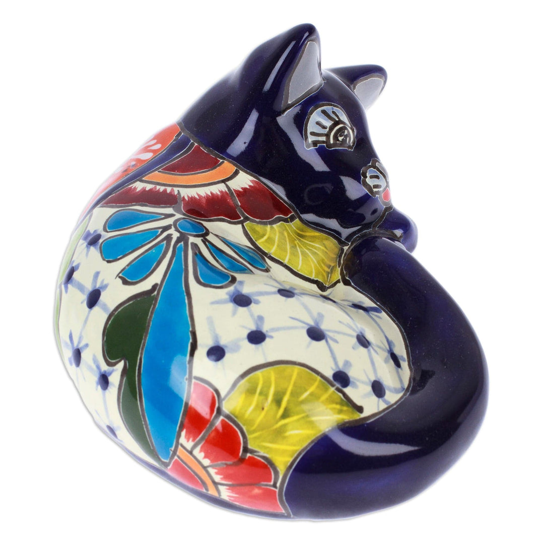 Hacienda-Themed Painted Blue Ceramic Cat Sculpture - Dormant Feline