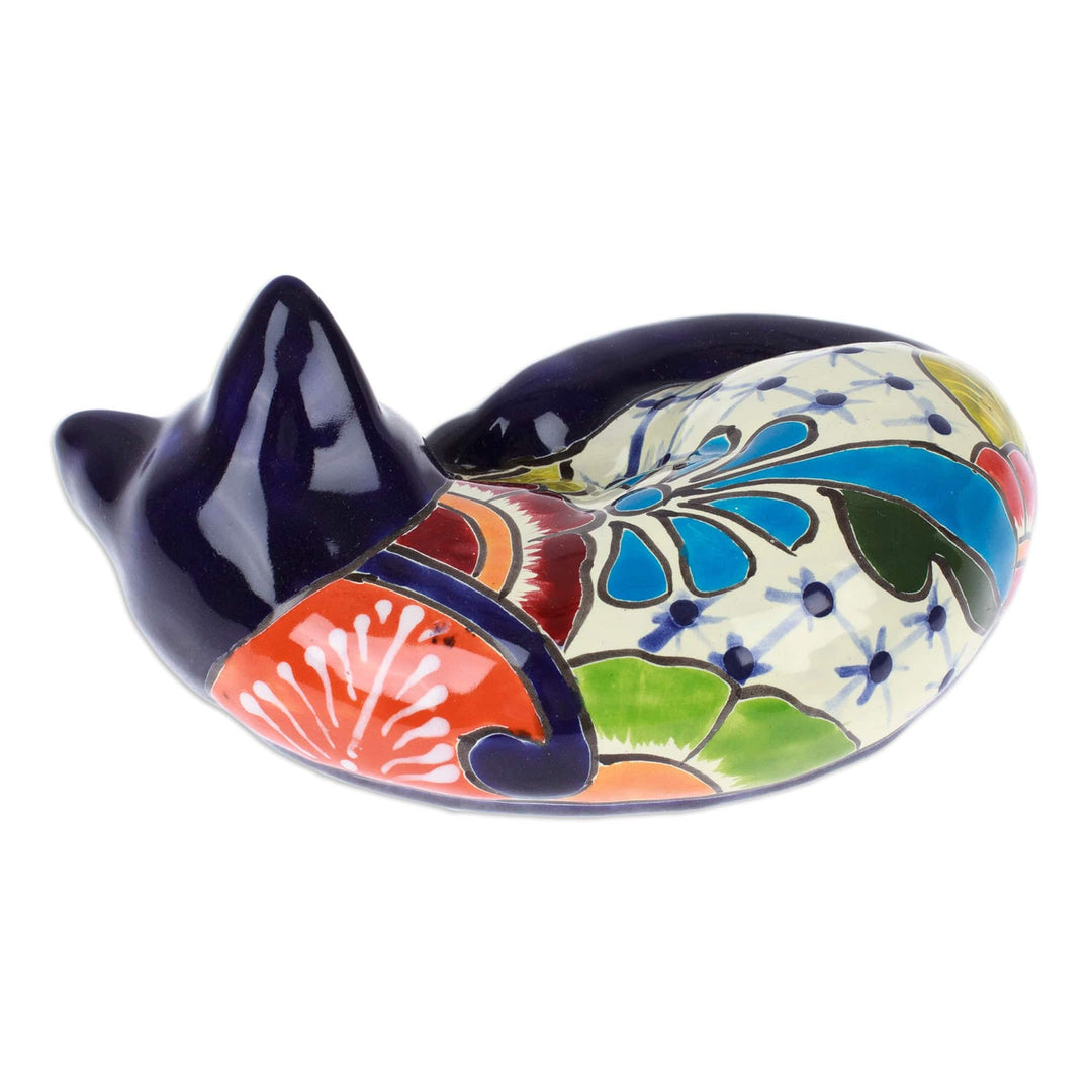 Hacienda-Themed Painted Blue Ceramic Cat Sculpture - Dormant Feline