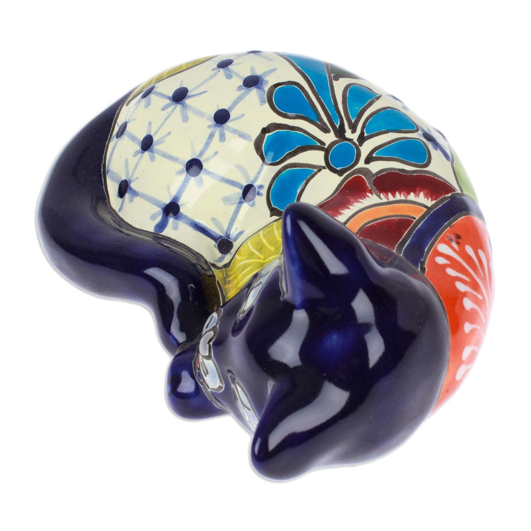 Hacienda-Themed Painted Blue Ceramic Cat Sculpture - Dormant Feline