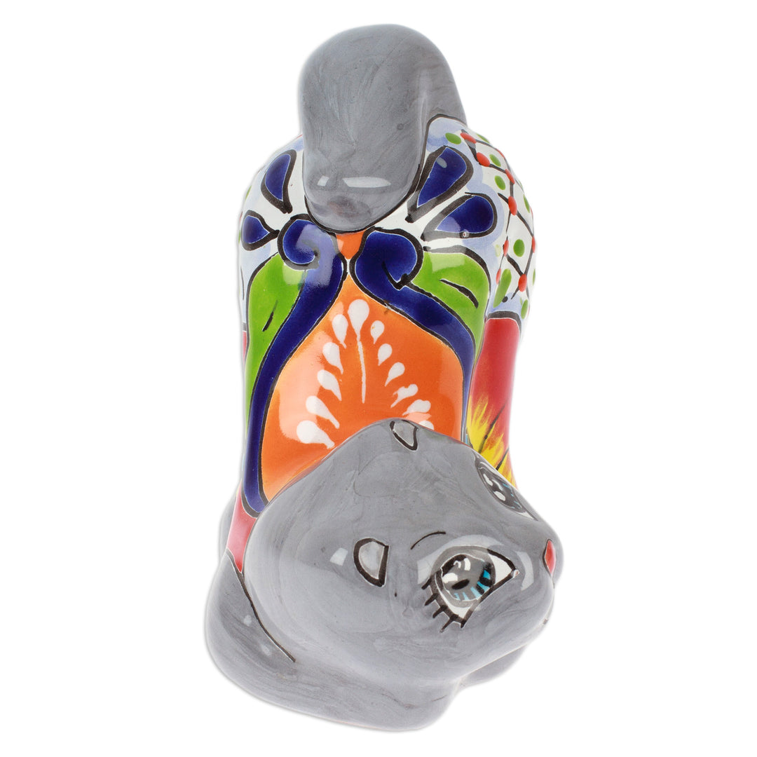 Handcrafted Hacienda-Themed Grey Ceramic Cat Figurine - Feline Stretching