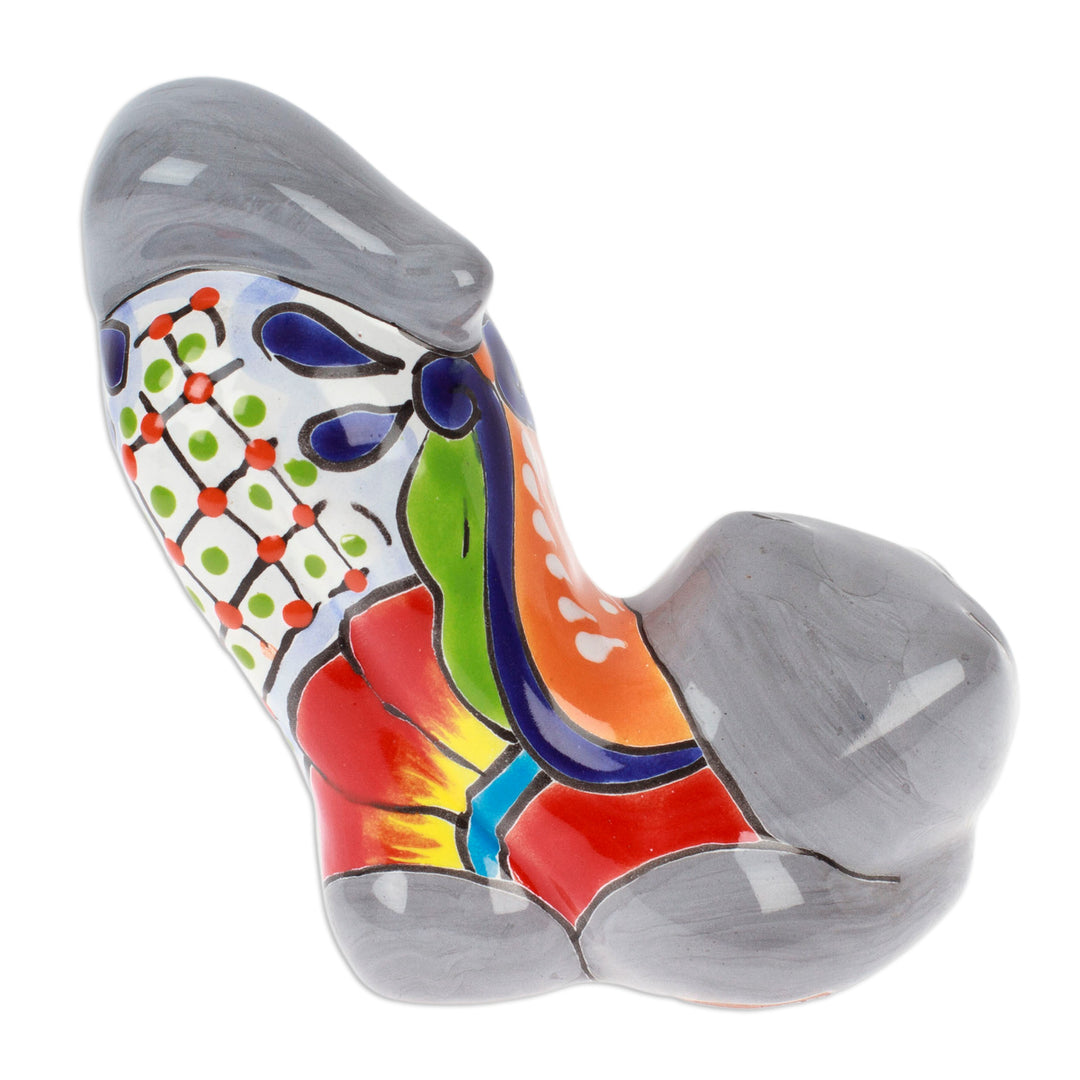 Handcrafted Hacienda-Themed Grey Ceramic Cat Figurine - Feline Stretching