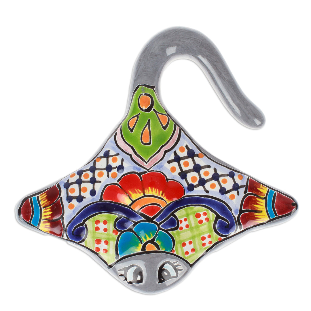 Handcrafted Floral Hacienda-Themed Ray Ceramic Sculpture - Oceanic Hacienda