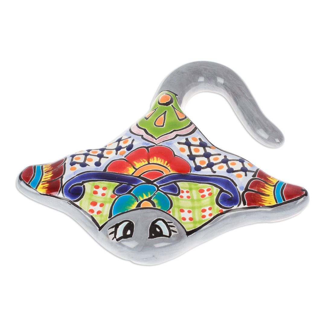 Handcrafted Floral Hacienda-Themed Ray Ceramic Sculpture - Oceanic Hacienda