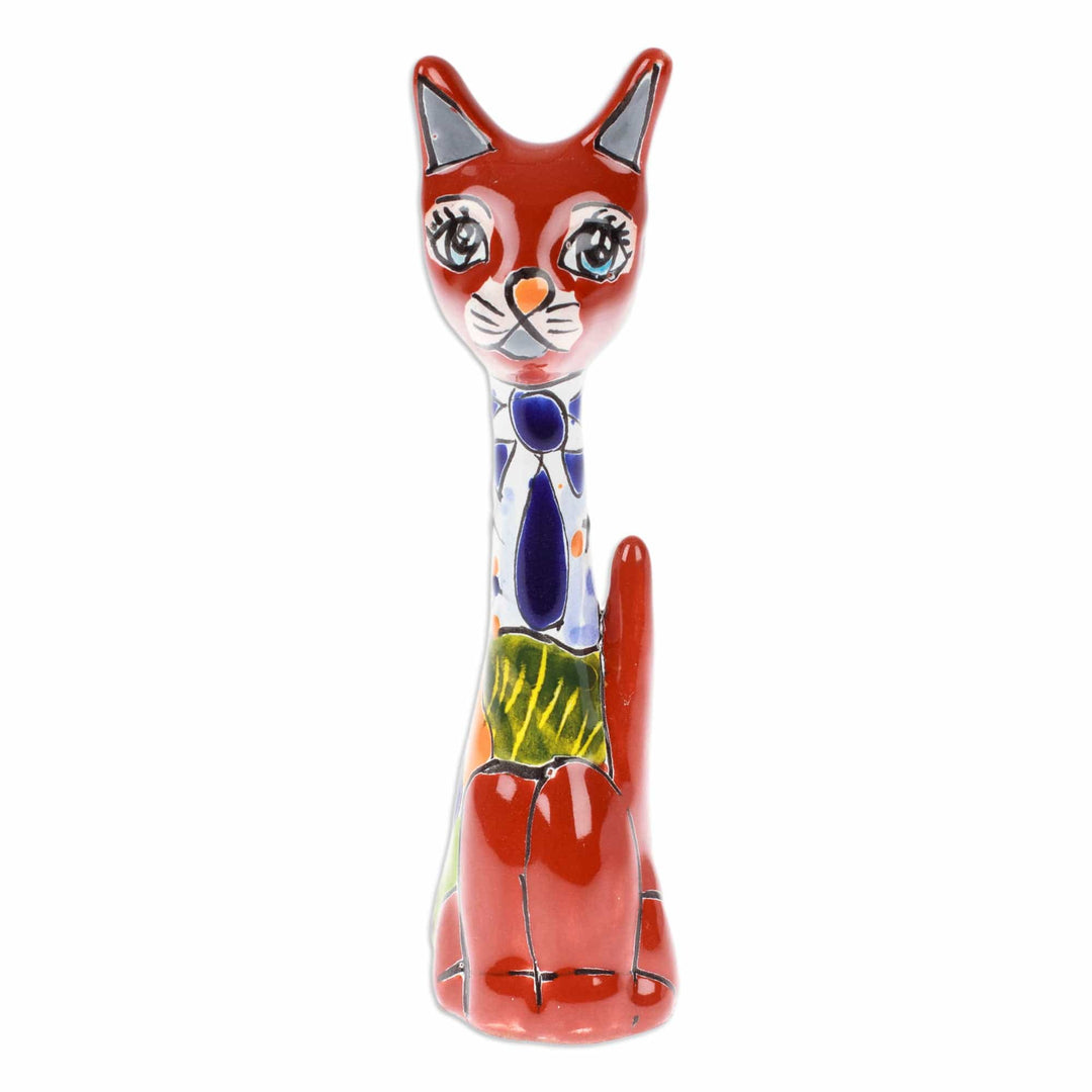 Hand-Painted Hacienda Floral Cat Ceramic Sculpture - Feline Gaze