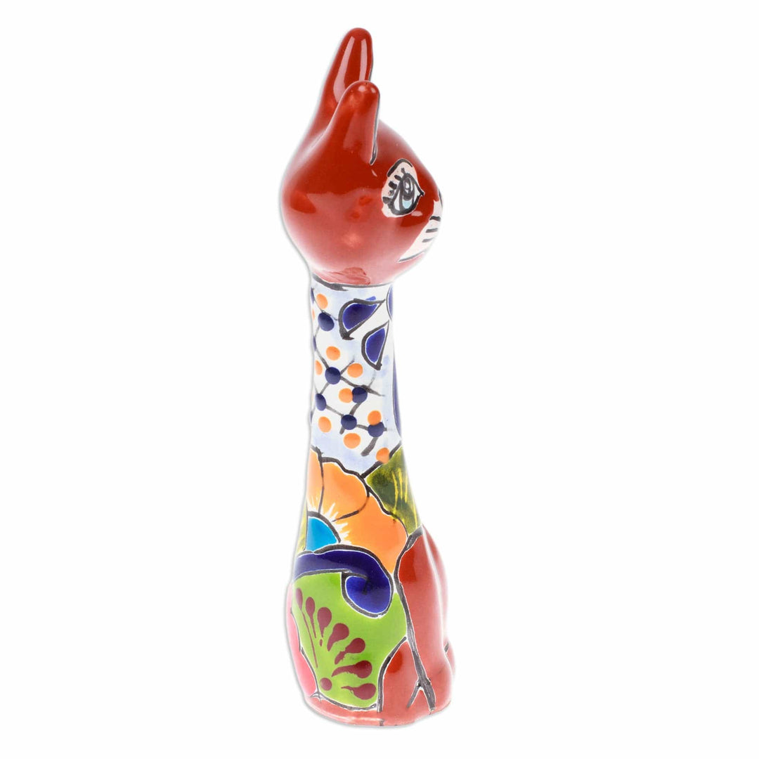 Hand-Painted Hacienda Floral Cat Ceramic Sculpture - Feline Gaze