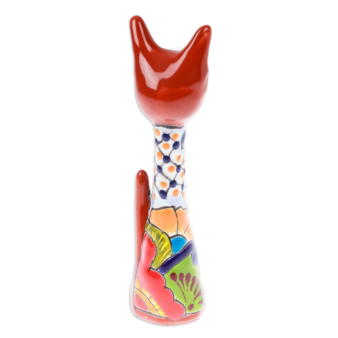 Hand-Painted Hacienda Floral Cat Ceramic Sculpture - Feline Gaze