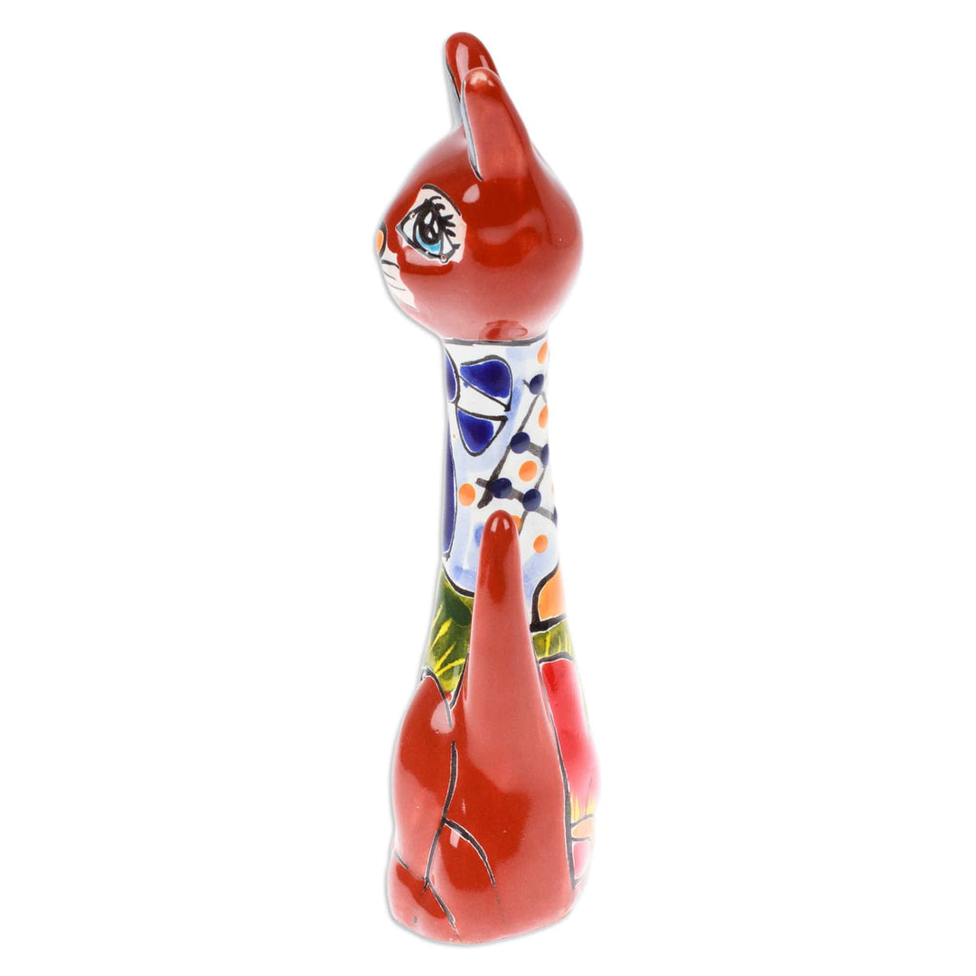 Hand-Painted Hacienda Floral Cat Ceramic Sculpture - Feline Gaze