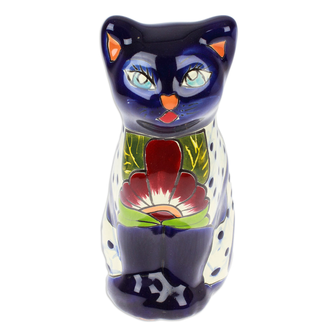 Hand-Painted Hacienda Cat-Themed Ceramic Sculpture in Blue - Feline Essence in Blue