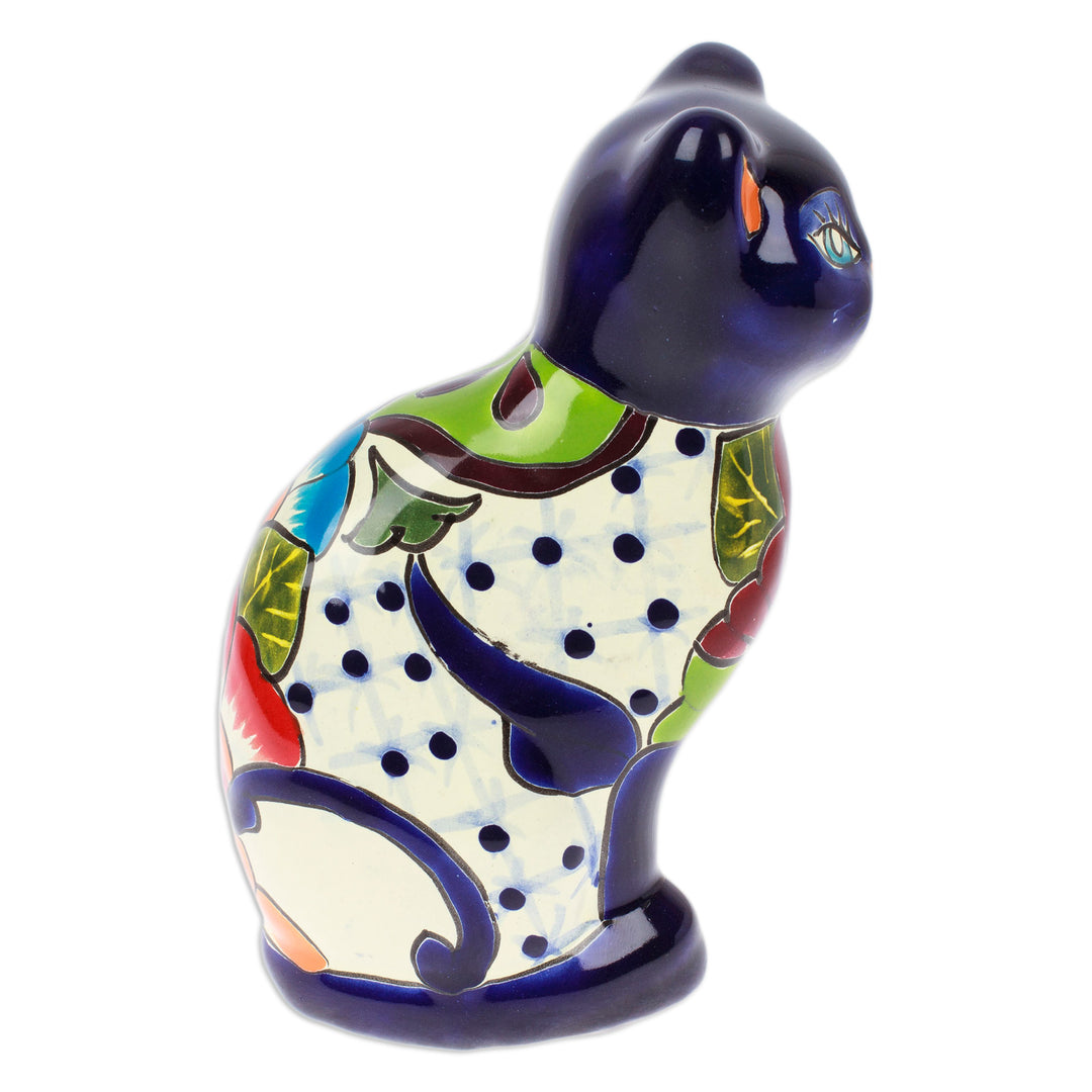 Hand-Painted Hacienda Cat-Themed Ceramic Sculpture in Blue - Feline Essence in Blue