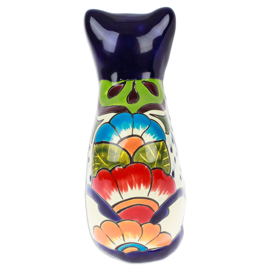 Hand-Painted Hacienda Cat-Themed Ceramic Sculpture in Blue - Feline Essence in Blue