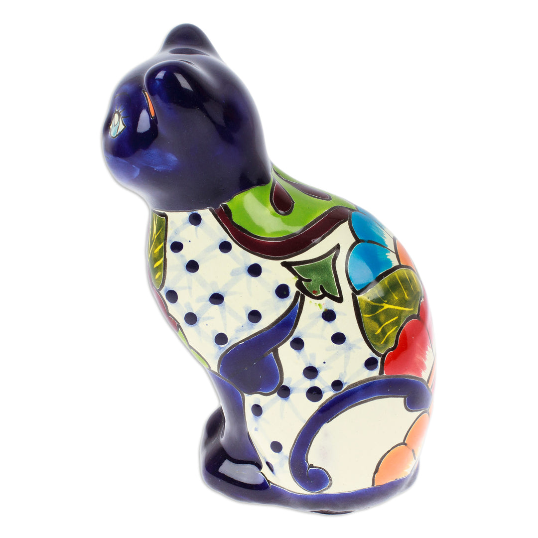 Hand-Painted Hacienda Cat-Themed Ceramic Sculpture in Blue - Feline Essence in Blue