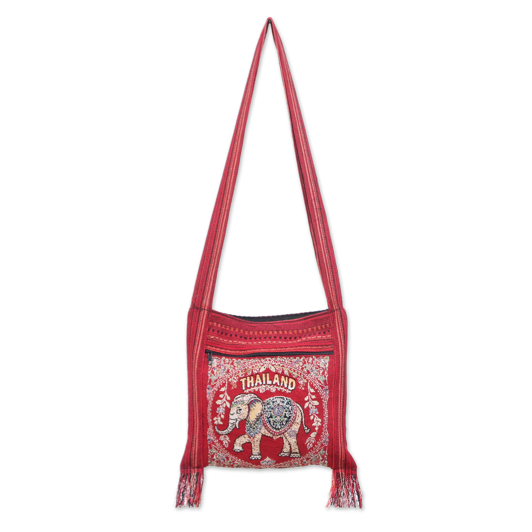 Elephant-Themed Red Fringed Sling Bag with Handwoven Accents - Joyful Journey
