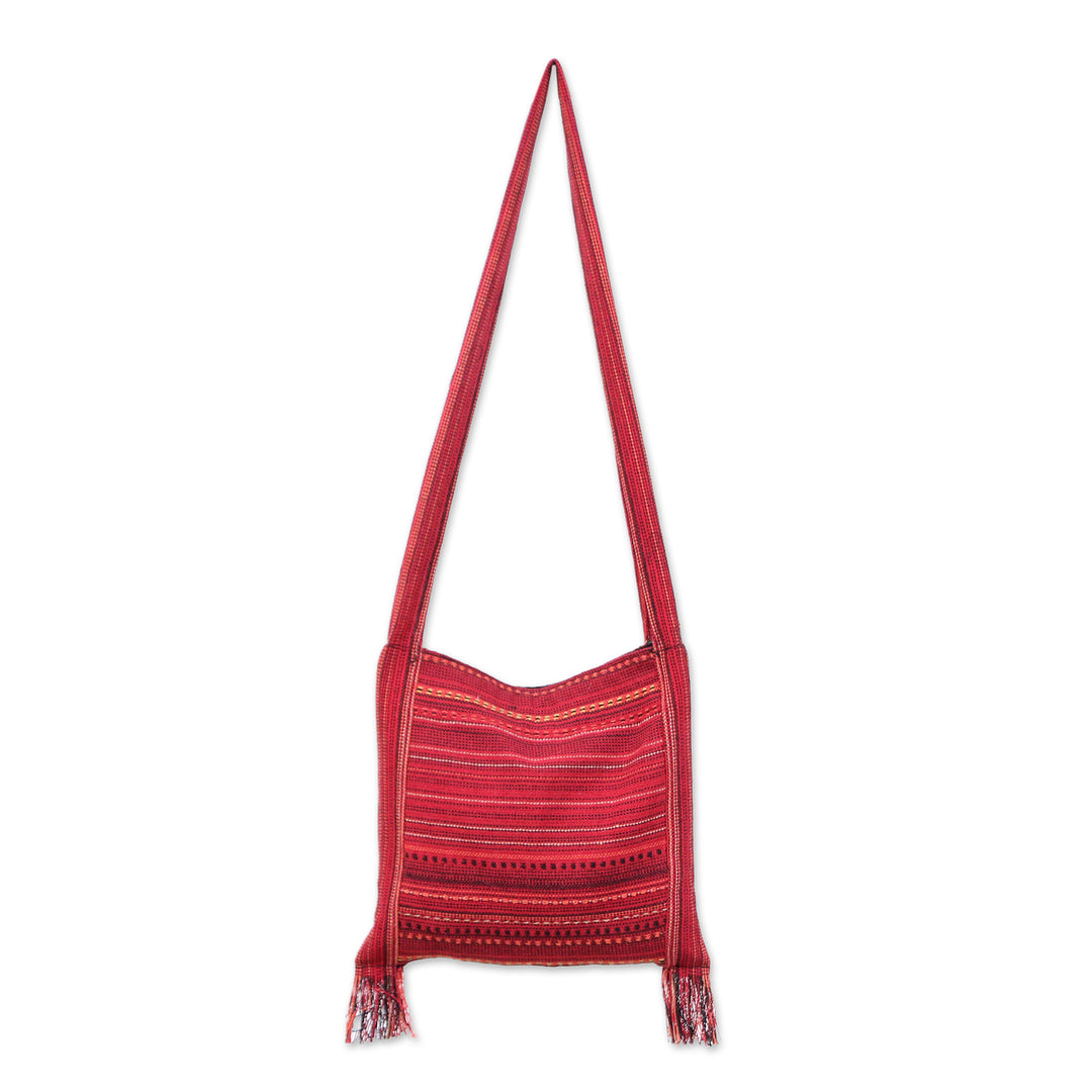 Elephant-Themed Red Fringed Sling Bag with Handwoven Accents - Joyful Journey