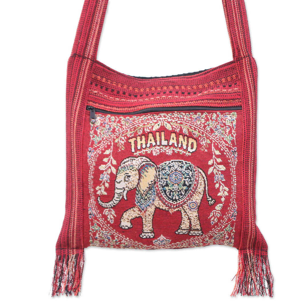 Elephant-Themed Red Fringed Sling Bag with Handwoven Accents - Joyful Journey