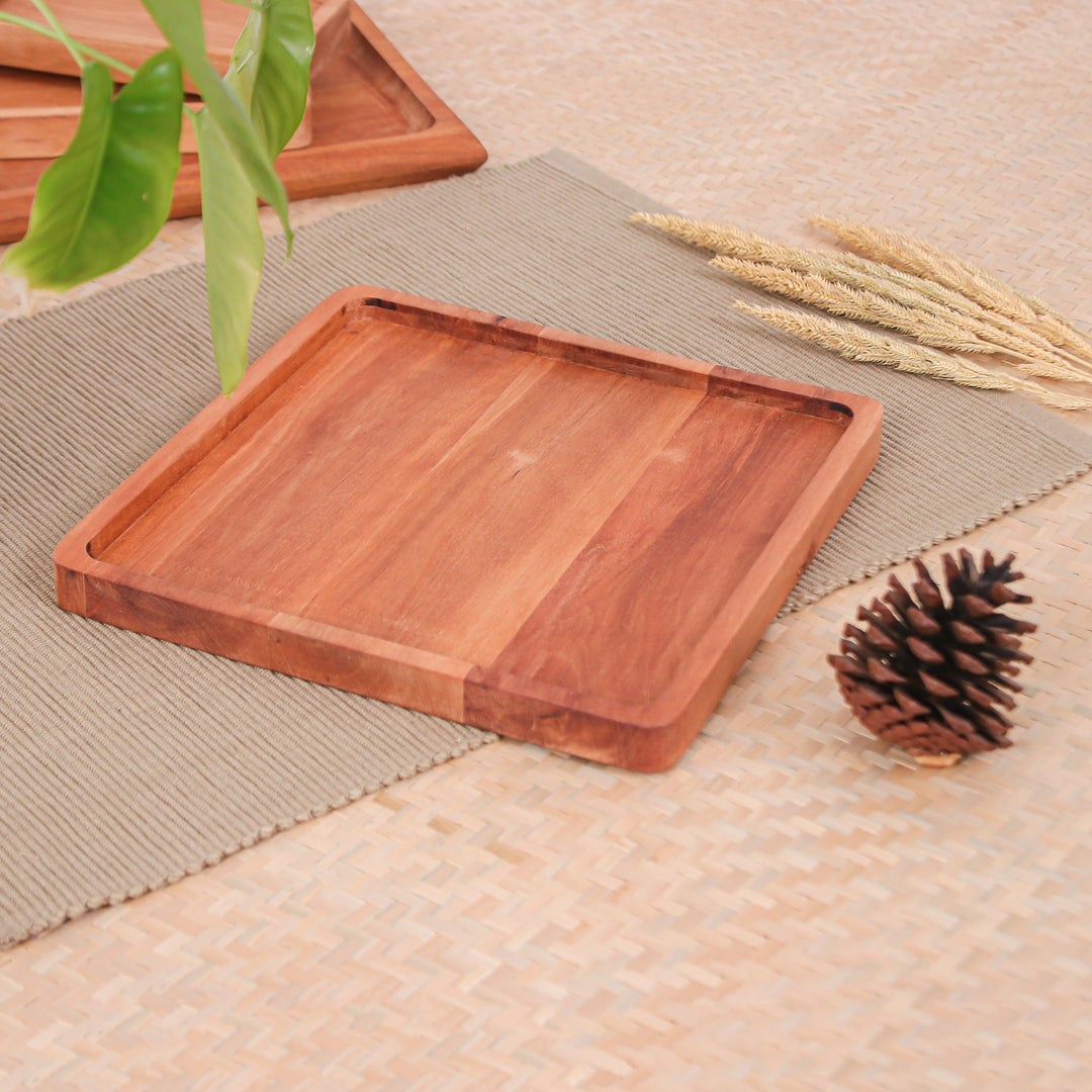 Hand-Carved Square Longan Wood Tray in a Natural Brown - Time for Delight
