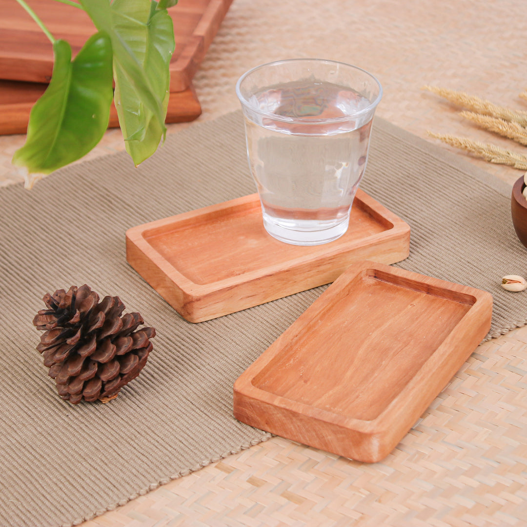 Set of Two Handcrafted Geometric Longan Wood Coasters - Drinking Geometry