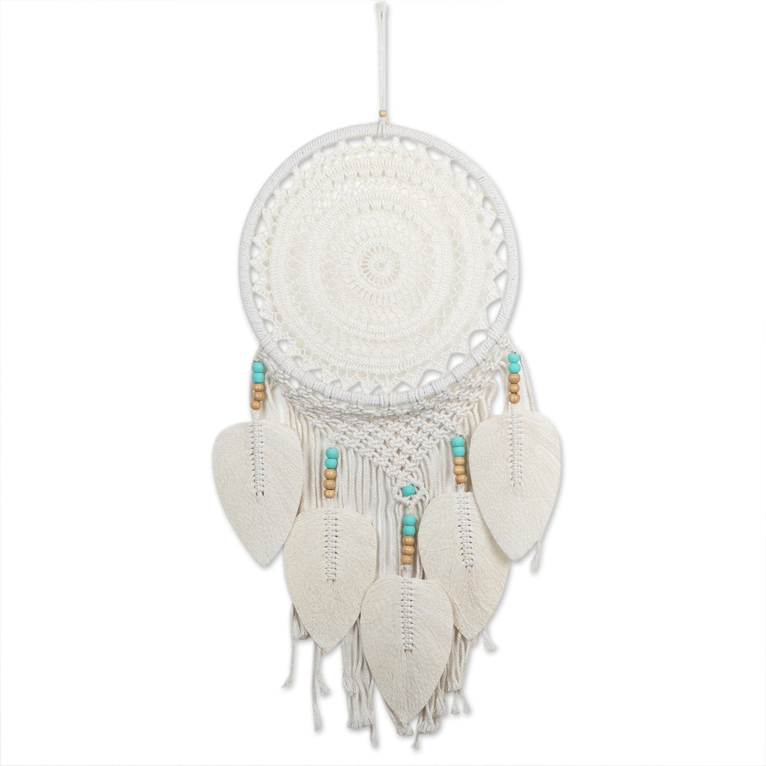 Albesia Wood Beaded Crocheted Cotton Wall Hanging in Ivory - Mandala Arcadia