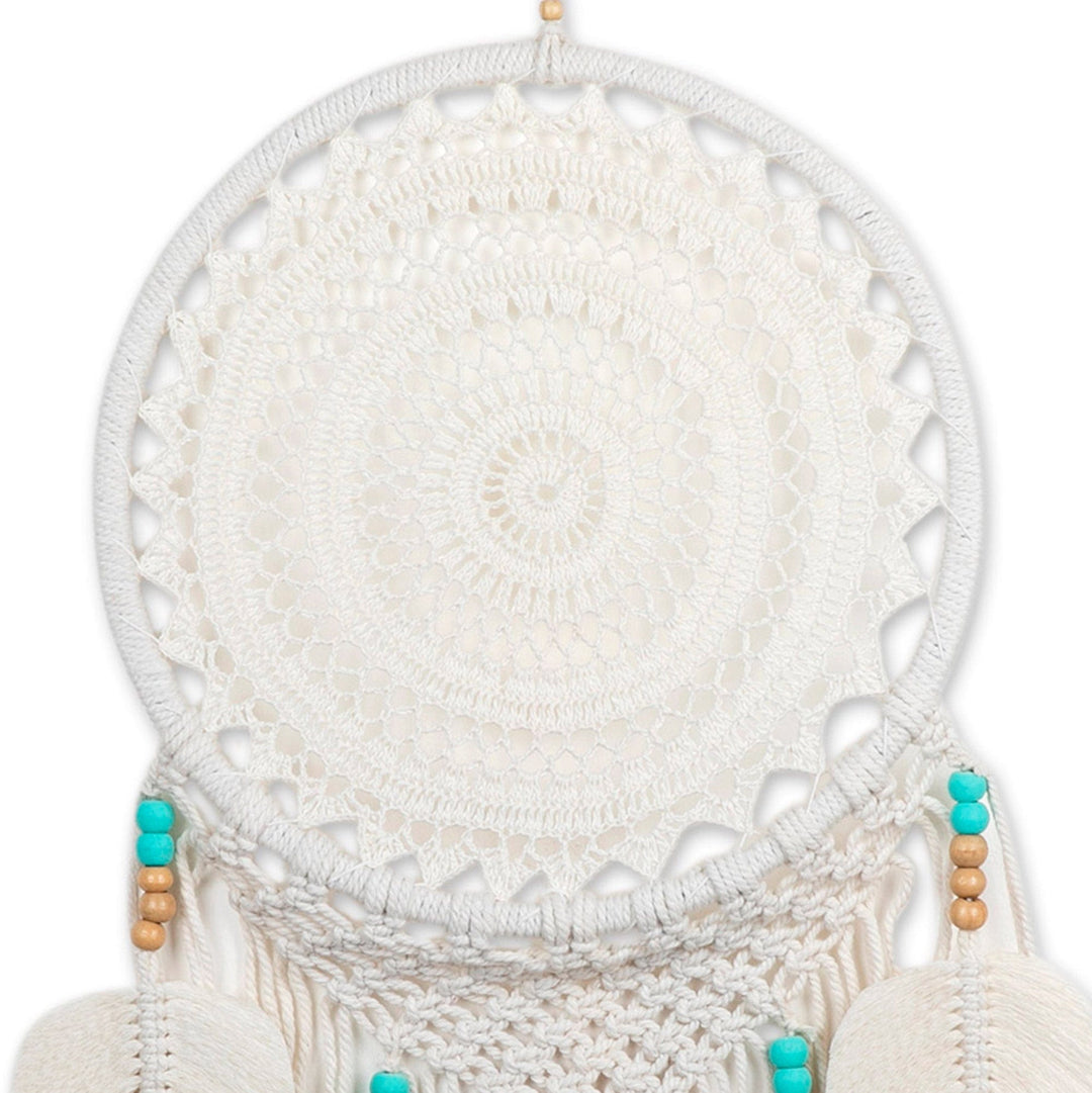 Albesia Wood Beaded Crocheted Cotton Wall Hanging in Ivory - Mandala Arcadia