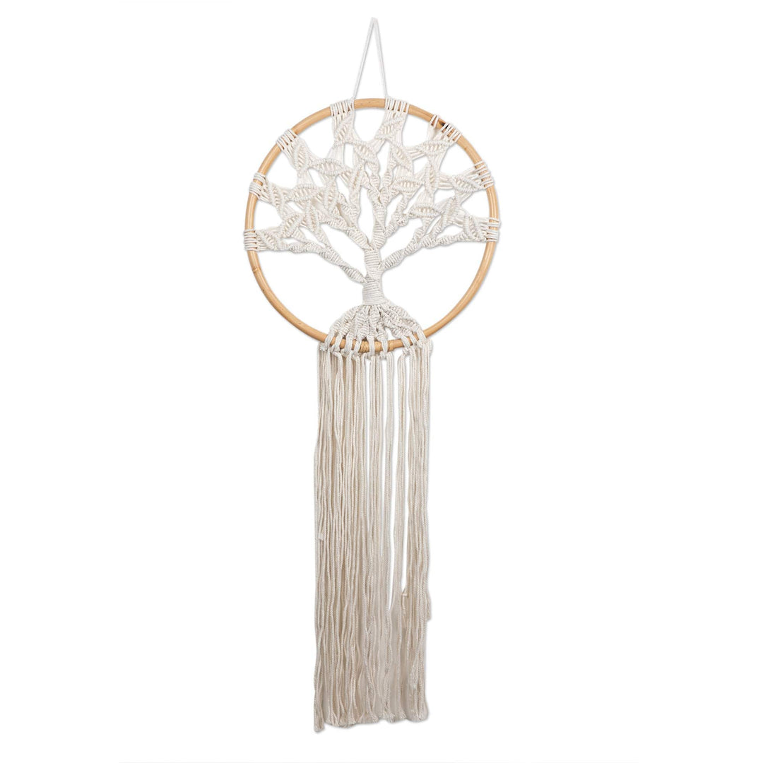Crocheted Tree-Shaped Ivory Cotton Wall Hanging from Bali - Heaven Tree