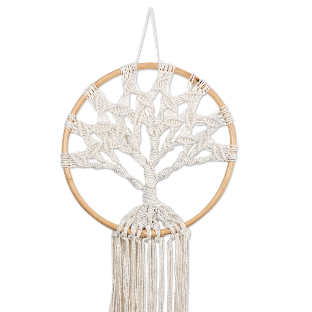 Crocheted Tree-Shaped Ivory Cotton Wall Hanging from Bali - Heaven Tree