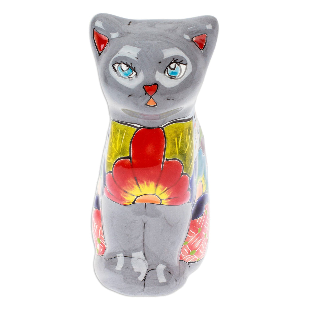 Hand-Painted Hacienda Cat-Themed Ceramic Sculpture in Grey - Feline Essence in Grey