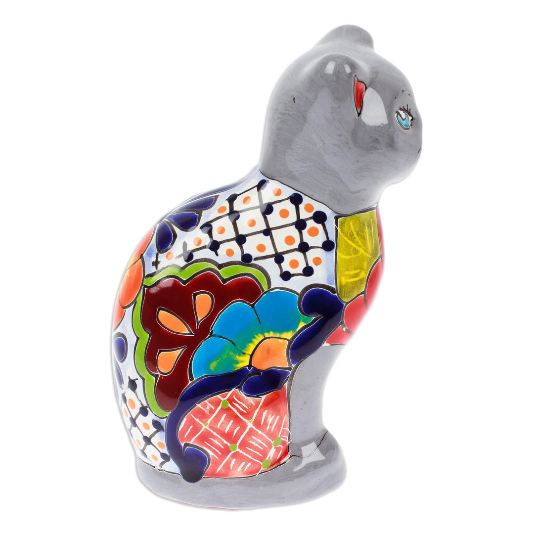 Hand-Painted Hacienda Cat-Themed Ceramic Sculpture in Grey - Feline Essence in Grey