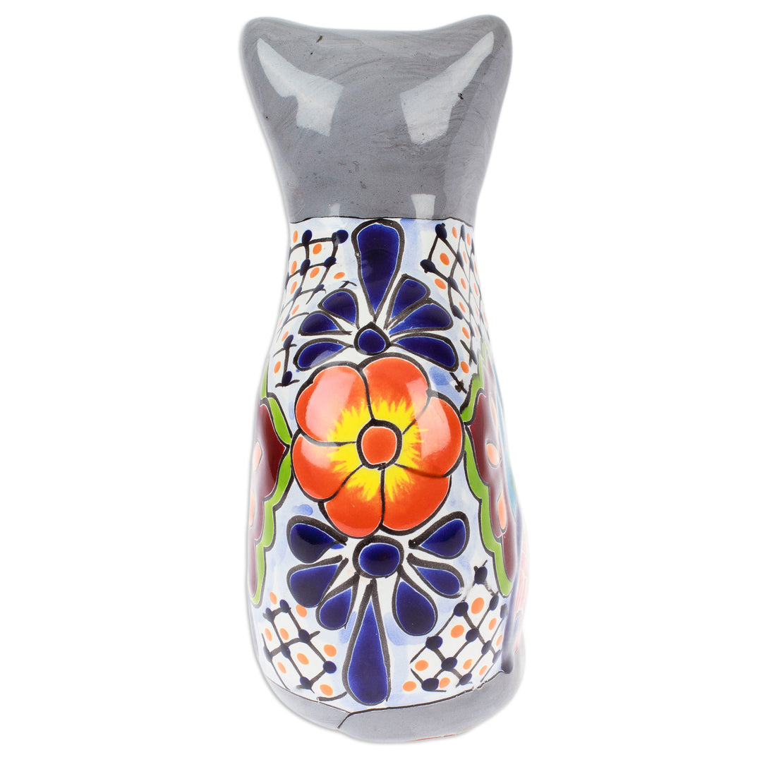 Hand-Painted Hacienda Cat-Themed Ceramic Sculpture in Grey - Feline Essence in Grey