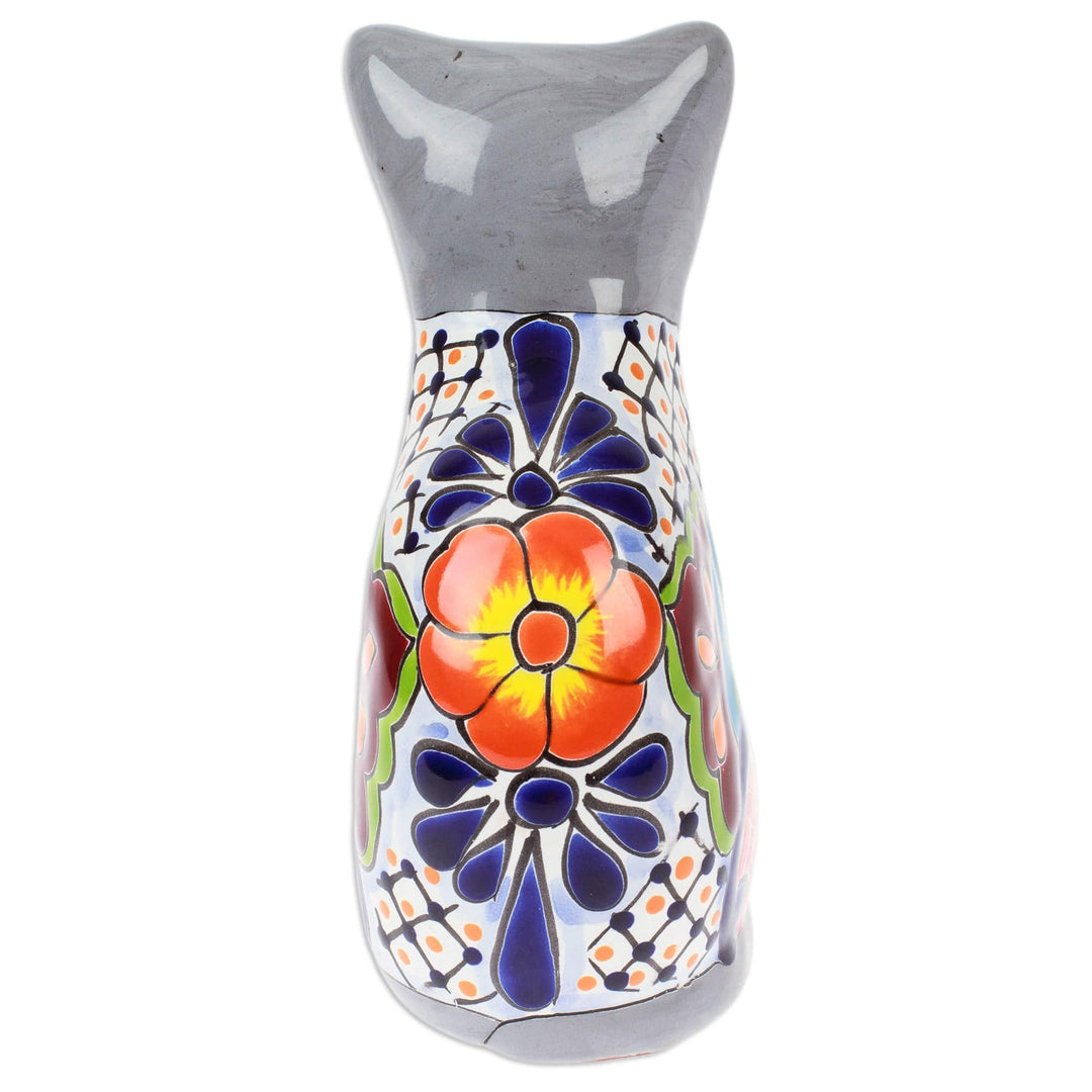 Hand-Painted Hacienda Cat-Themed Ceramic Sculpture in Grey - Feline Essence in Grey