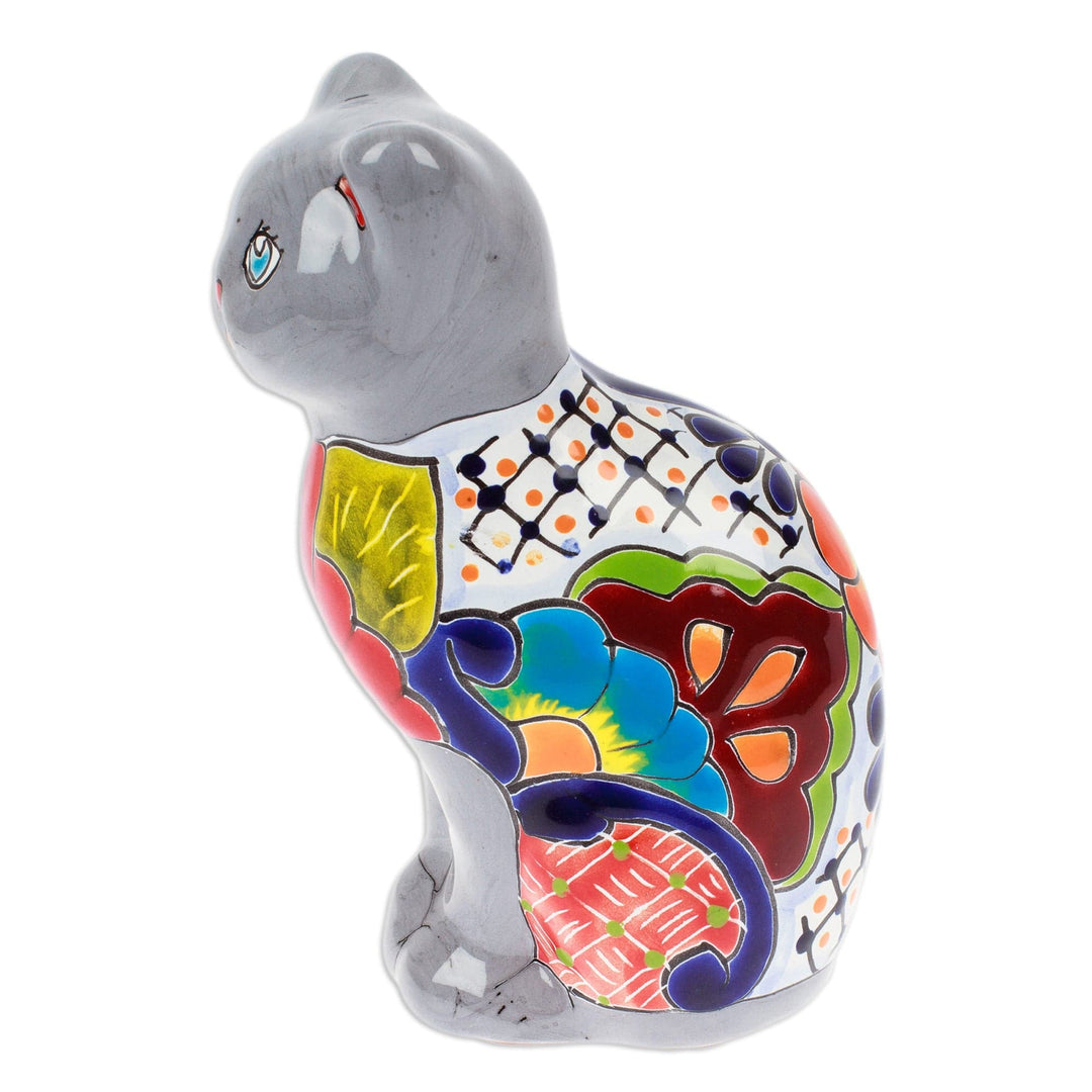 Hand-Painted Hacienda Cat-Themed Ceramic Sculpture in Grey - Feline Essence in Grey