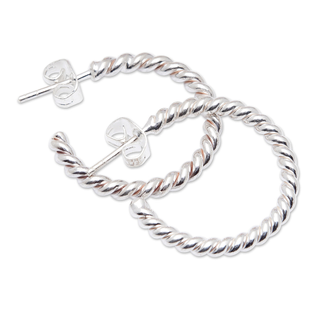 Polished Rope-Shaped Sterling Silver Half-Hoop Earrings - Rope Nimbus