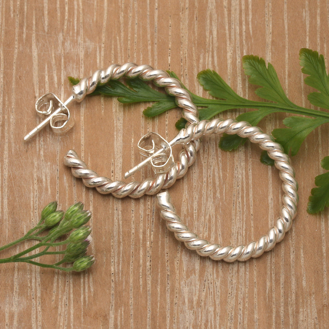 Polished Rope-Shaped Sterling Silver Half-Hoop Earrings - Rope Nimbus