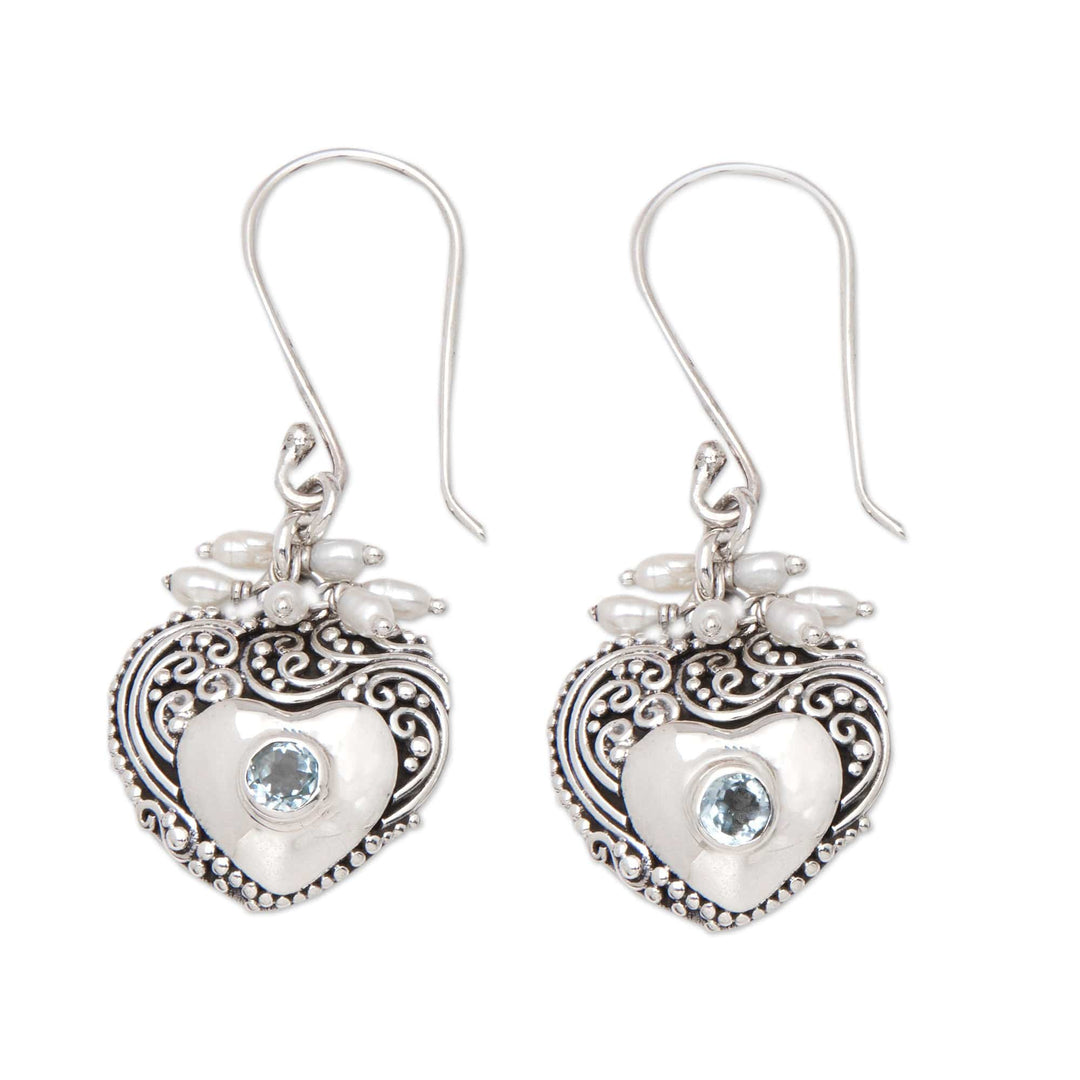 Heart-Shaped Blue Topaz and Cultured Pearl Dangle Earrings - A Loyal Romance