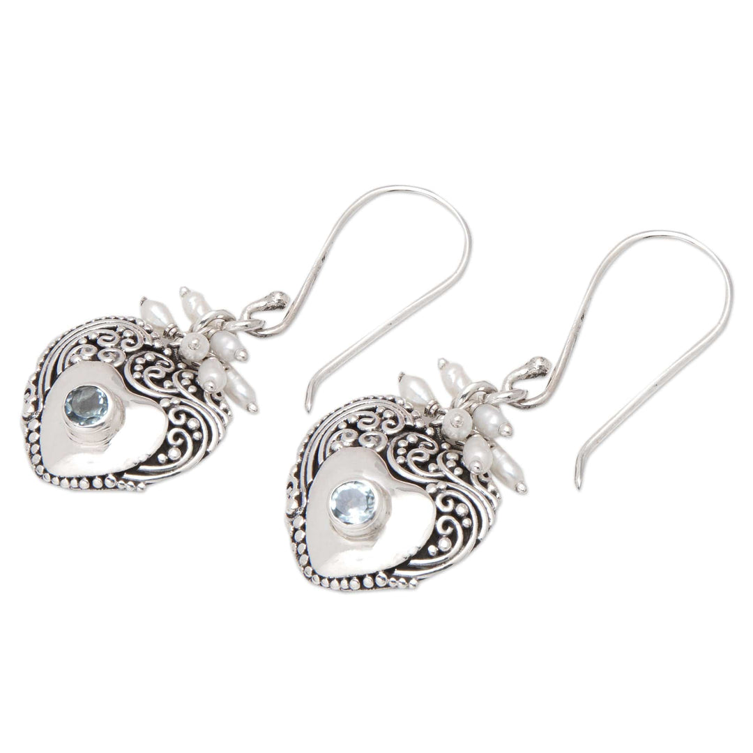 Heart-Shaped Blue Topaz and Cultured Pearl Dangle Earrings - A Loyal Romance