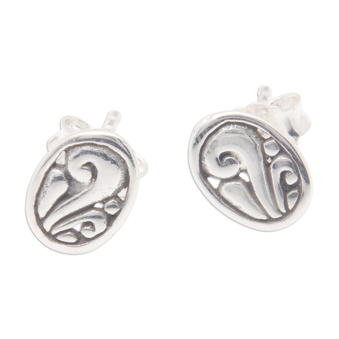 Sterling Silver Stud Earrings with Swirl Motifs from Bali - Swirls of Joy