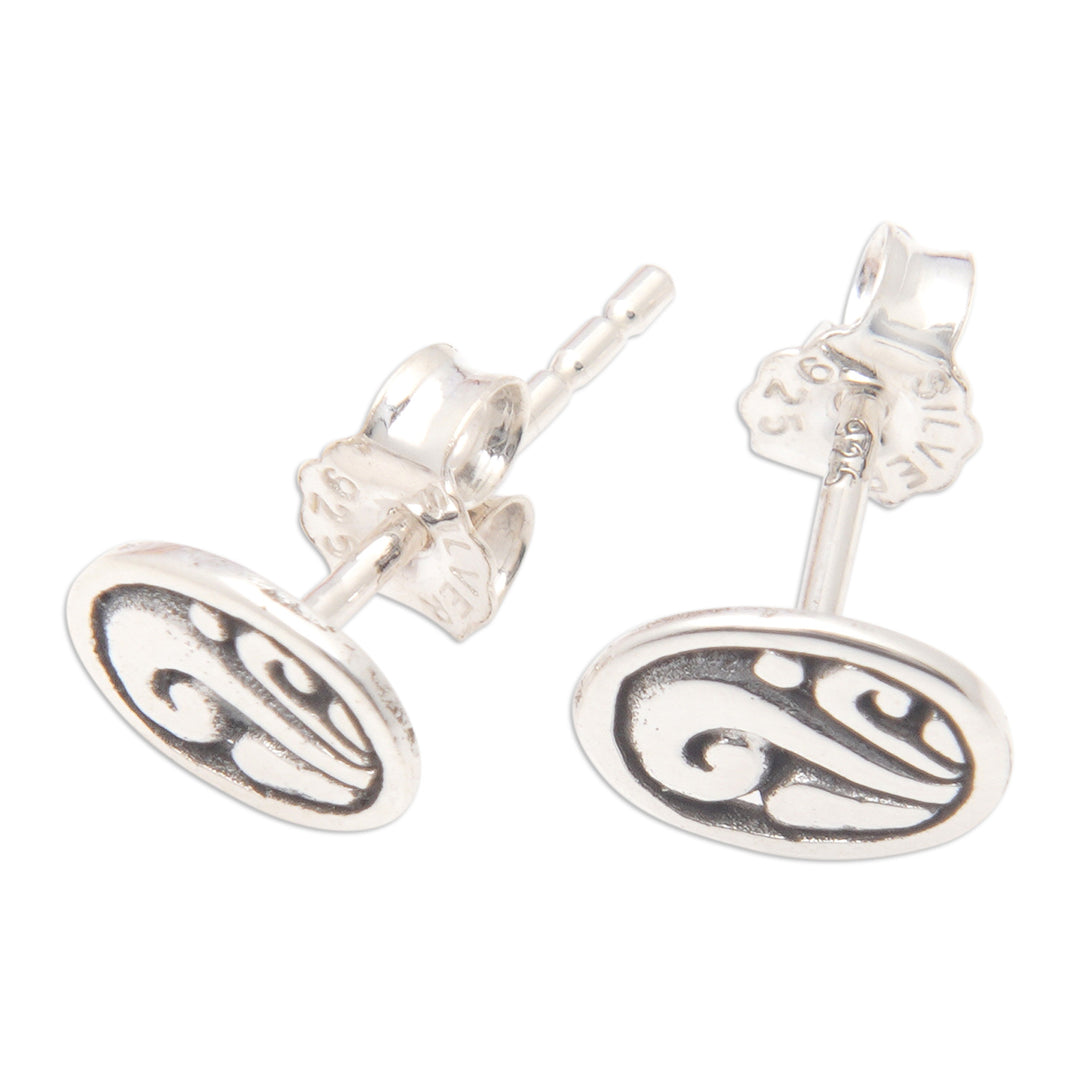 Sterling Silver Stud Earrings with Swirl Motifs from Bali - Swirls of Joy