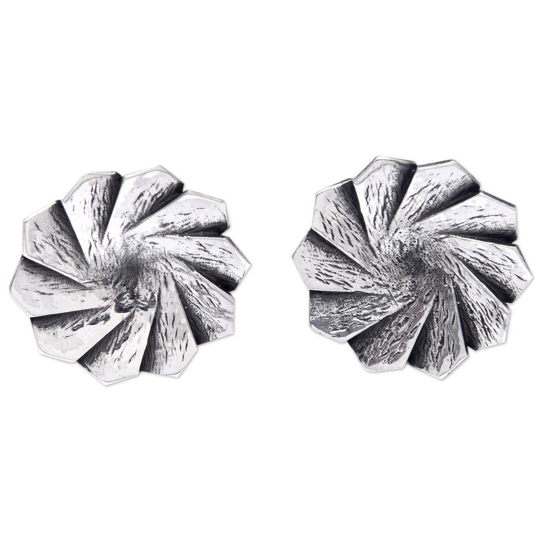 Oxidized Sterling Silver Button Earrings with Wavy Design - Magical Windmill
