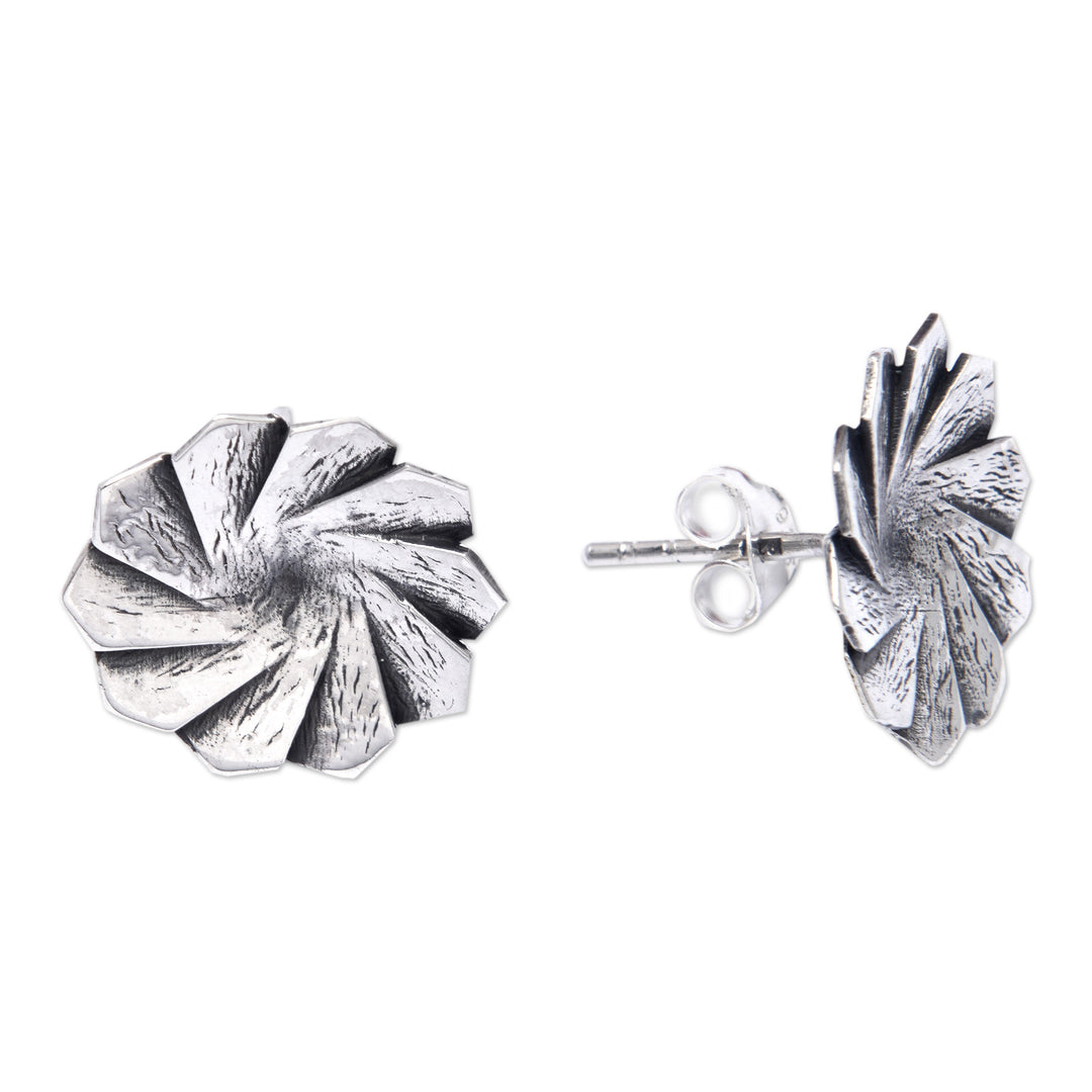 Oxidized Sterling Silver Button Earrings with Wavy Design - Magical Windmill