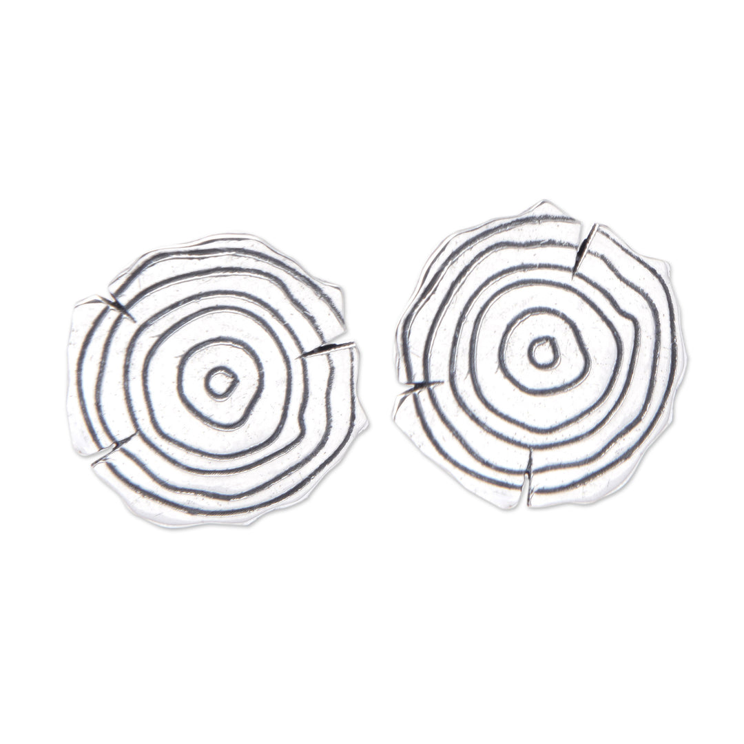 Sterling Silver Button Earrings with Wooden Log Motif - Wooden Log