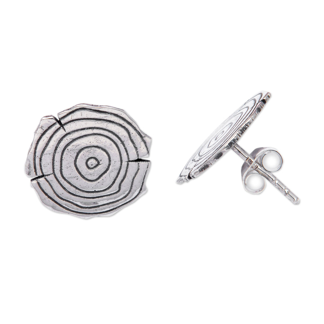 Sterling Silver Button Earrings with Wooden Log Motif - Wooden Log