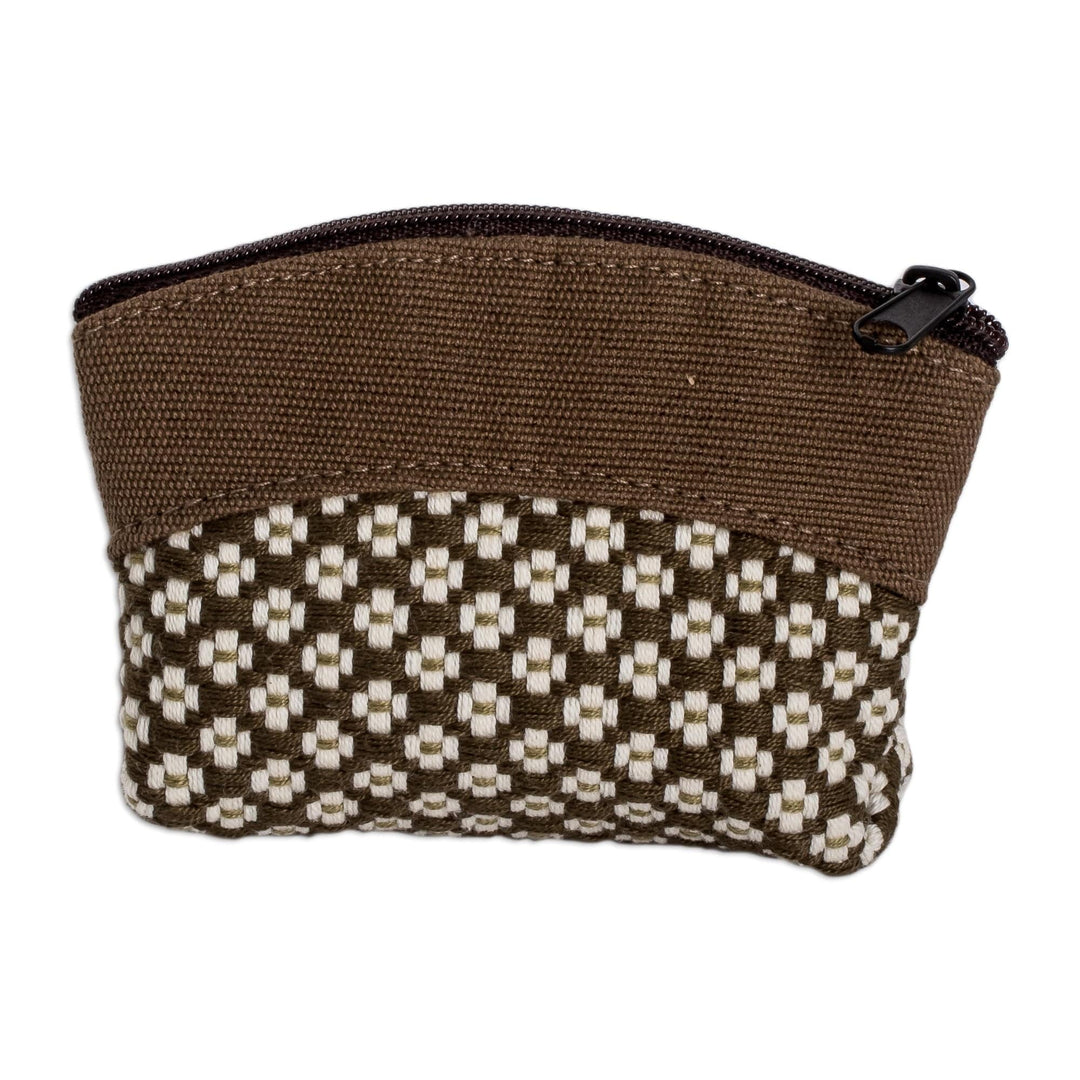 Olive and Ivory Cotton Coin Purse with Floral Pattern - Spring Olive