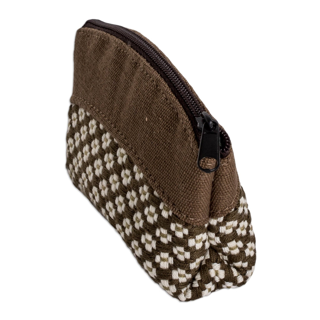 Olive and Ivory Cotton Coin Purse with Floral Pattern - Spring Olive