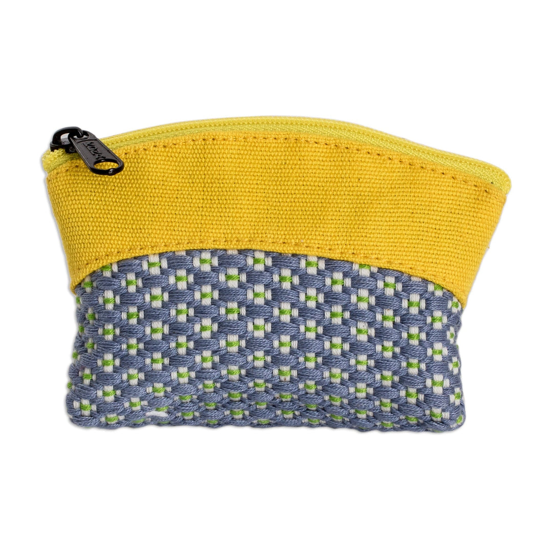 Jonquil and Blue Cotton Coin Purse with Floral Pattern - Spring Jonquil