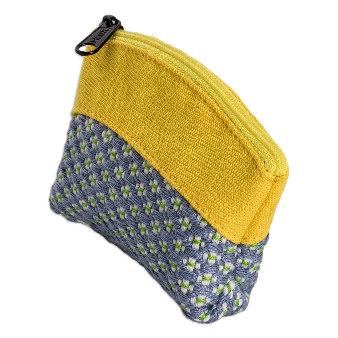 Jonquil and Blue Cotton Coin Purse with Floral Pattern - Spring Jonquil