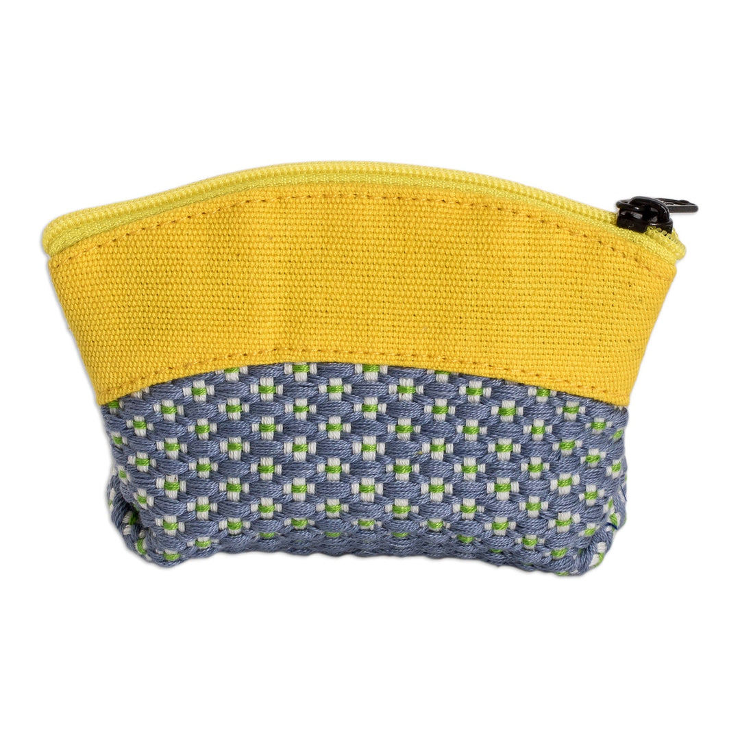 Jonquil and Blue Cotton Coin Purse with Floral Pattern - Spring Jonquil