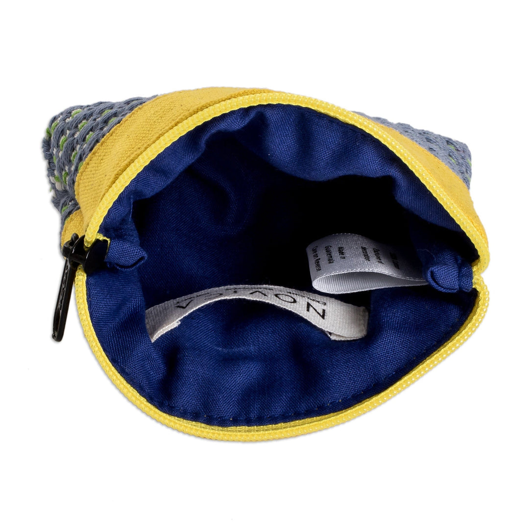 Jonquil and Blue Cotton Coin Purse with Floral Pattern - Spring Jonquil