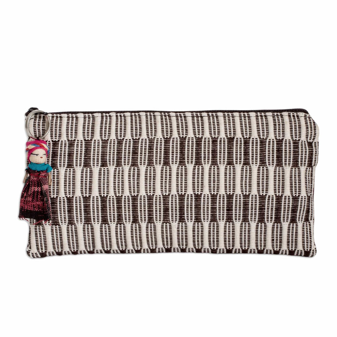 Handwoven Ivory and Chocolate Cotton Cosmetic Bag - Guatemalan Talent