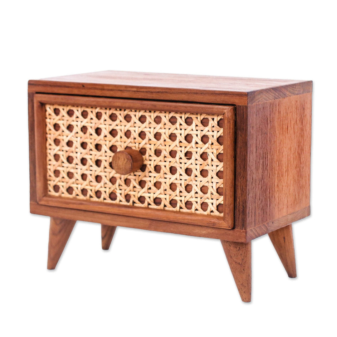 Teak Wood and Natural Fiber One-Drawer Jewelry Box - Timeless Detail