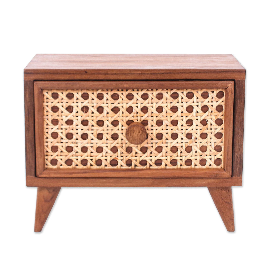 Teak Wood and Natural Fiber One-Drawer Jewelry Box - Timeless Detail